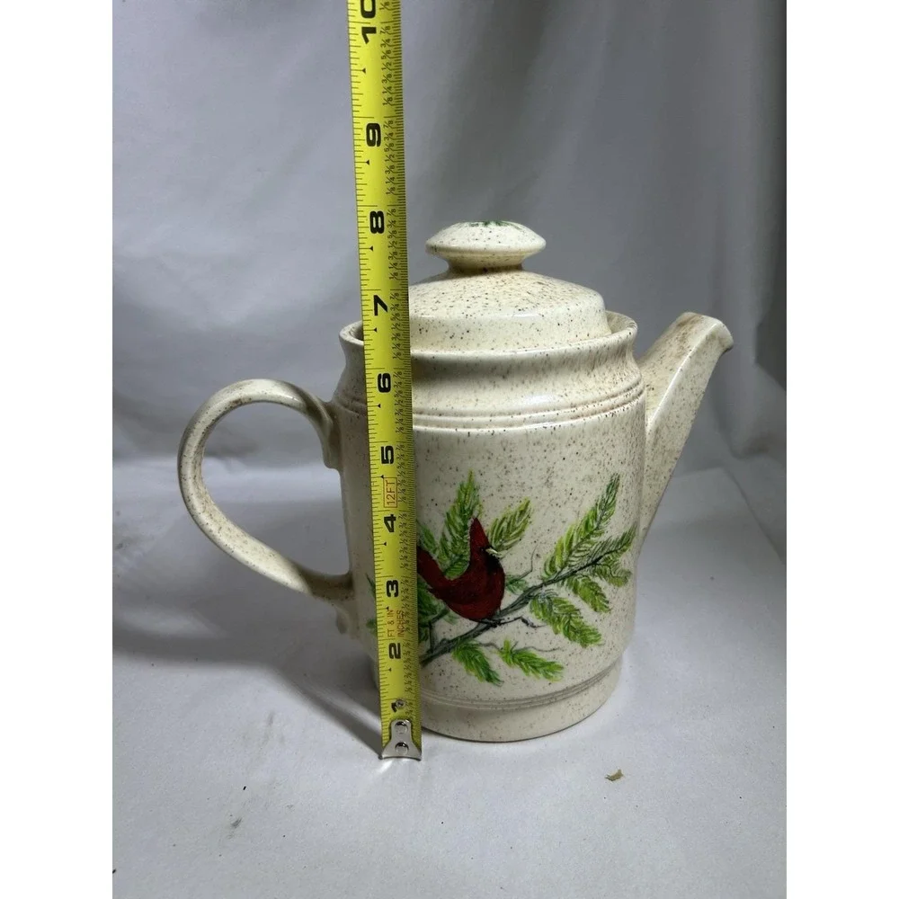Vintage USA Marked Speckled Teapot Kettle Red Bird Farmhouse Home Kitchen Decor